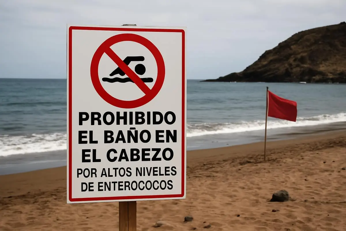 Prohibido el baño en El Cabezo (Tenerife) por altos niveles de enterococos Cartel de prohibido el baño en la playa de El Cabezo, Güímar, Tenerife